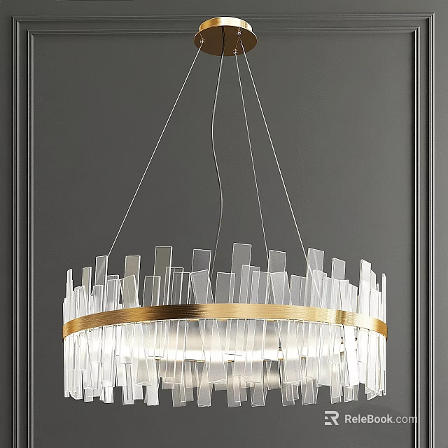 Modern Chandelier With Transparent Glass Strips And Gold Metal Ring For Interior Decoration 3d model 