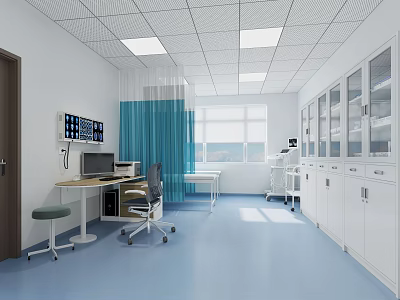 Clinic Examination Room With Blue Floor White Walls Computer Workstation Patient Bed And Storage Cabinets 3d model