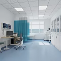 Clinic Examination Room With Blue Floor White Walls Computer Workstation Patient Bed And Storage Cabinets