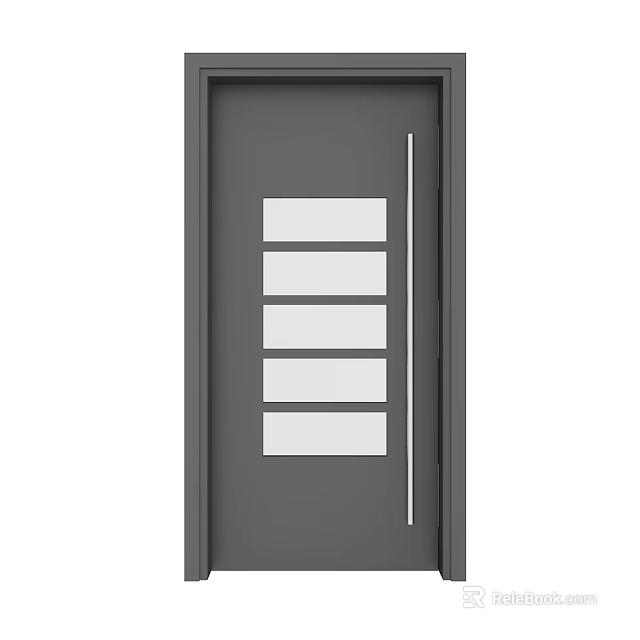 Gray Hinged Door With Rectangular Glass Panels And Vertical Metal Handle Design 3d model