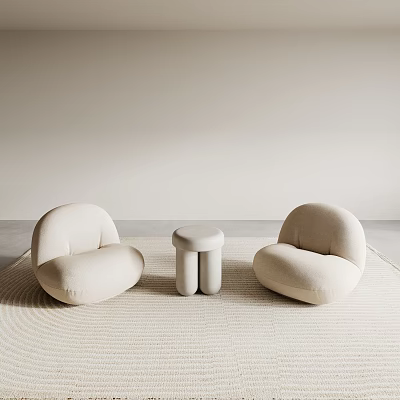 Two Beige Bean Bag Chairs with Round Stool on Woven Rug in Minimalist Room 3d model