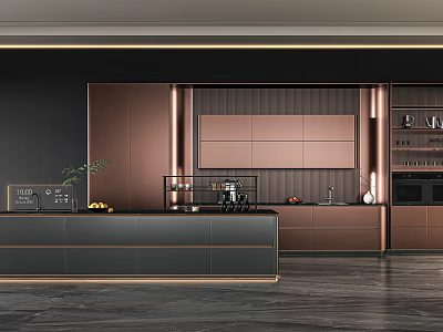 Modern Kitchen Interior With Copper Cabinets Island Dark Countertop And Appliances 3d model