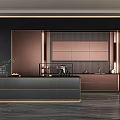 Modern Kitchen Interior With Copper Cabinets Island Dark Countertop And Appliances