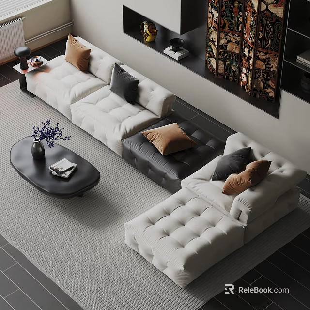 Modern Sectional Sofa With White Black Upholstery Brown Pillows And Coffee Table 3d model 