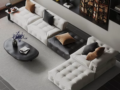 Modern Sectional Sofa With White Black Upholstery Brown Pillows And Coffee Table 3d model