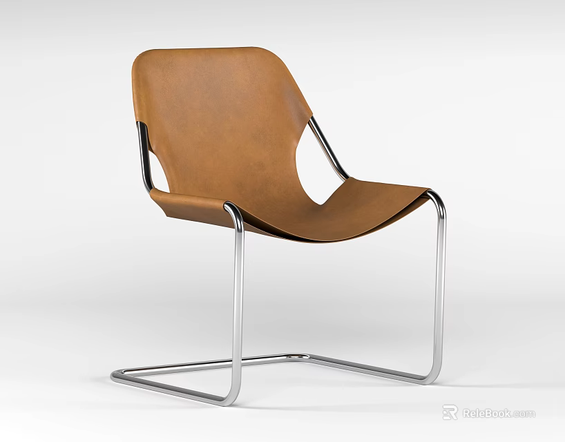 Modern Minimalist Leisure Chair With Brown Leather Upholstery And Silver Metal Frame 3d model 