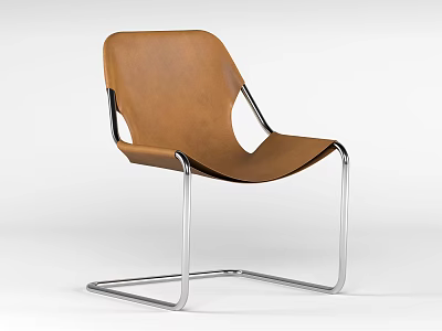 Modern Minimalist Leisure Chair With Brown Leather Upholstery And Silver Metal Frame 3d model