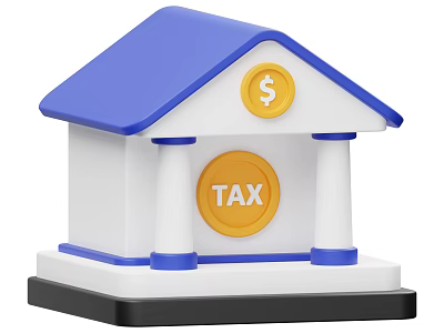 Blue Roof Tax Building With Dollar Sign And White Columns Design Concept 3d model
