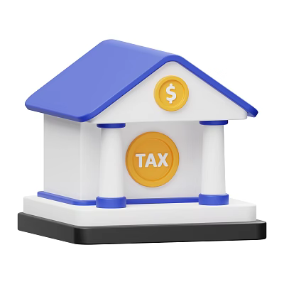 Blue Roof Tax Building With Dollar Sign And White Columns Design Concept 3d model