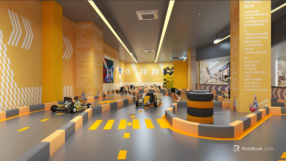 Indoor Amusement Park With Go Karts Colorful Interior And Track Design 3d model 
