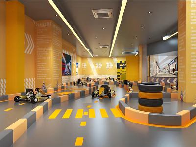 Indoor Amusement Park With Go Karts Colorful Interior And Track Design 3d model
