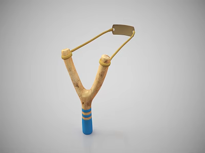 Handcrafted Wooden Slingshot With Yellow Rubber Bands And Blue Striped Handle 3d model