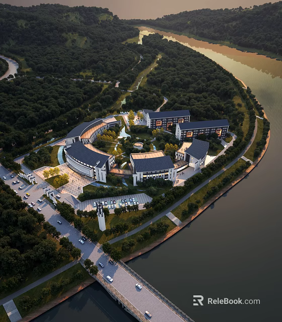Aerial View Planning of Riverside Buildings with Lush Green Forests Road Networks and Parking Areas 3d model 