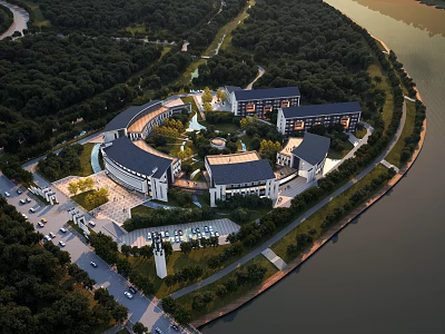 Aerial View Planning of Riverside Buildings with Lush Green Forests Road Networks and Parking Areas 3d model