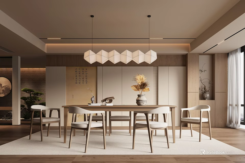 Modern Restaurant Interior Design With Wooden Dining Table Chairs Geometric Pendant Lights And Minimalist Decor 3d model 