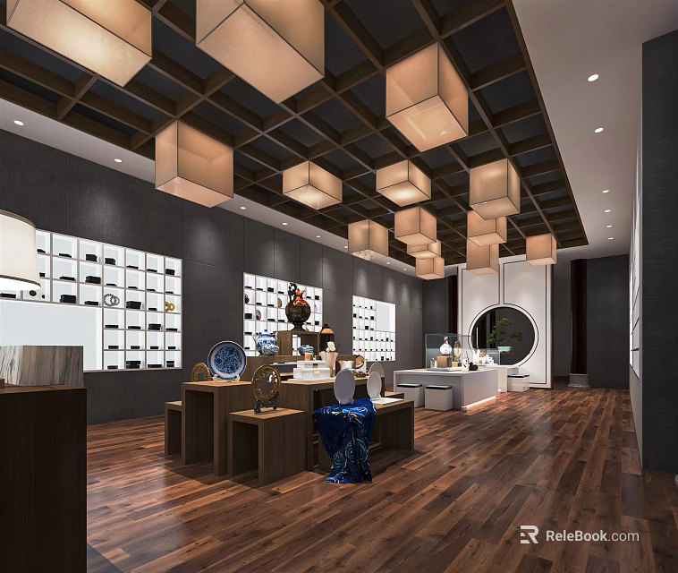 Modern Exhibition Space Interior With Display Shelves Pendant Lights And Wooden Flooring 3d model 