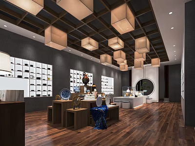 Modern Exhibition Space Interior With Display Shelves Pendant Lights And Wooden Flooring 3d model