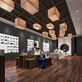 Modern Exhibition Space Interior With Display Shelves Pendant Lights And Wooden Flooring
