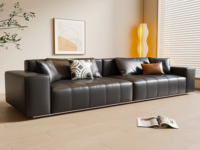 Leather Sectional Sofa With Cushions Wall Art Floor Lamp And Wooden Floor 3d model