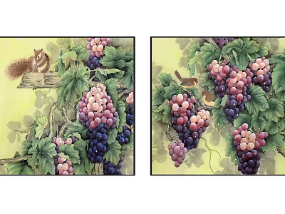 Vibrant Grape Clusters With Squirrel Bird And Lush Green Leaves Artwork 3d model