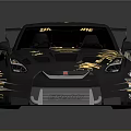 Black Sports Car With Gold Patterns Rear Spoiler And Yellow Wheels On Black Background