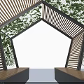 Modern Hexagonal Shade Canopy With Wooden Slatted Panels Green Vines And Bench Seats