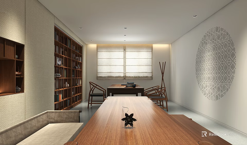 Modern Office Interior With Wooden Long Table Bookshelf Chairs Sofa And Decorative Artwork 3d model 