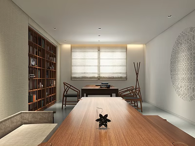 Modern Office Interior With Wooden Long Table Bookshelf Chairs Sofa And Decorative Artwork 3d model