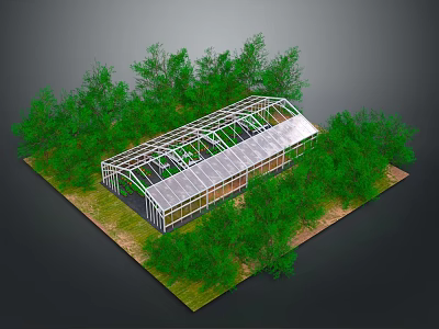 Modern Greenhouse Structure with Metal Frame and Glass Roof Surrounded by Trees 3d model