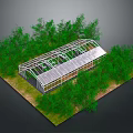 Modern Greenhouse Structure with Metal Frame and Glass Roof Surrounded by Trees