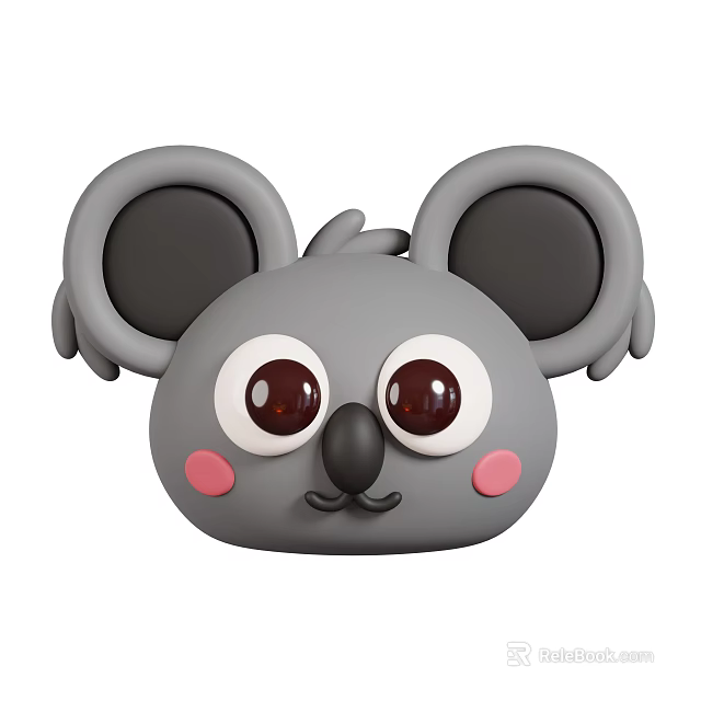 Cute Cartoon Koala Head with Big Round Eyes Pink Cheeks and Gray Ears 3d model 