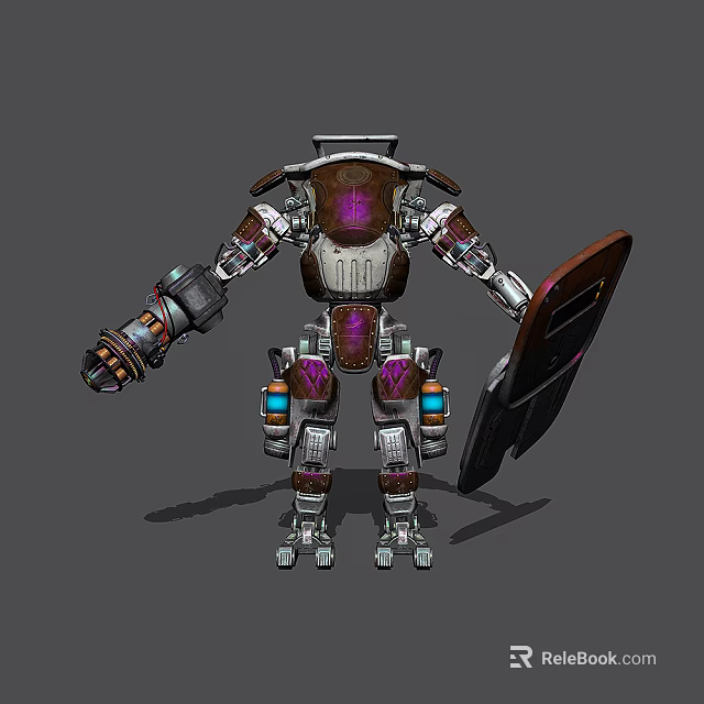 Intelligent Robot With Armored Body Purple Accents And Shield Featuring Glowing Lights 3d model 