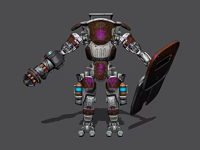 Intelligent Robot With Armored Body Purple Accents And Shield Featuring Glowing Lights 3d model