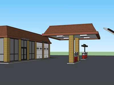Gas Station Building With Brown Roof And Fuel Pumps In Exterior View 3d model