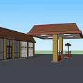 Gas Station Building With Brown Roof And Fuel Pumps In Exterior View