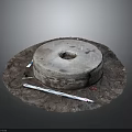 Traditional Stone Mill With Central Hole Worn Surface And Surrounding Tools 3d model