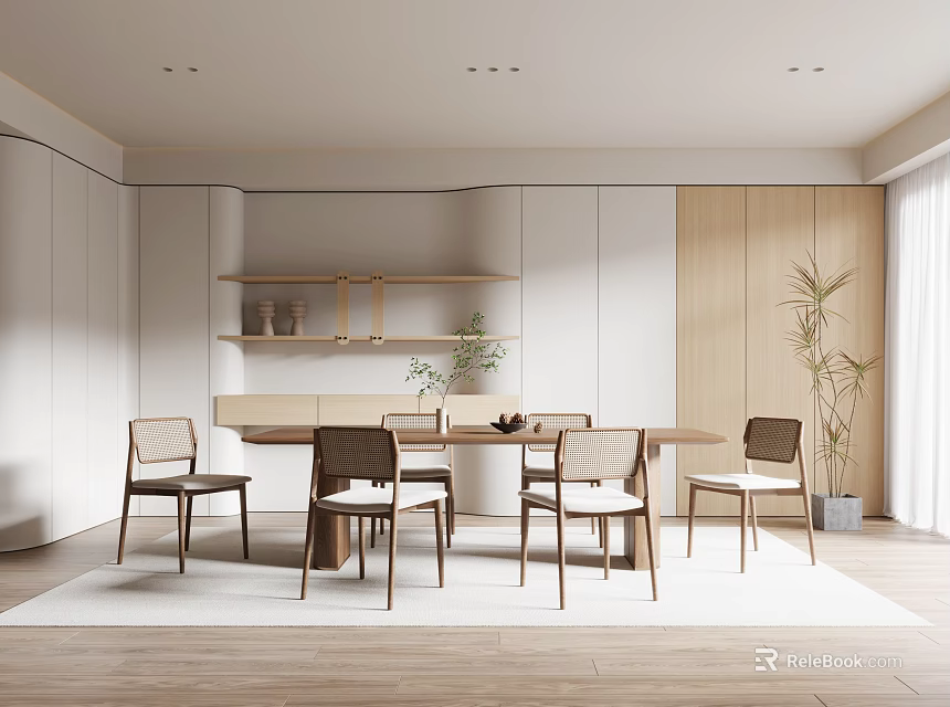 Modern Restaurant Interior Design With White Wooden Dining Table Chairs Bookshelf And Plants 3d model 