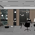 Modern Office Interior Design with Sofa Bookshelves Desk Chairs and Green Plants