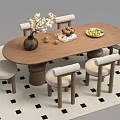 Oval Wooden Dining Table with Beige Cushioned Chairs Vase Flowers Fruit Nuts on Checkered Rug