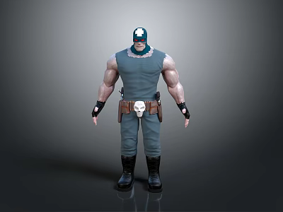 Muscular Man Wearing Blue Sleeveless Top Helmet White Skull Belt and Black Boots 3d model