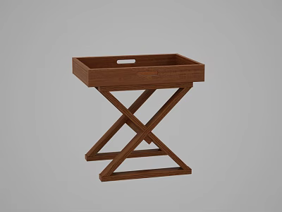 Wooden Brown Decorative Cabinet With X Shaped Legs Tray Top And Storage Space 3d model