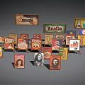 Vintage Advertising Signs Display On Wooden Exhibition Shelves With Brand Logos