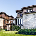 Modern Semi Detached Villa Exterior With Green Lawn And Surrounding Trees