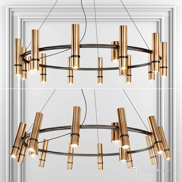 Modern Metallic Chandelier With Circular Frame And Illuminated Golden Copper Cylindrical Light Columns 3d model 