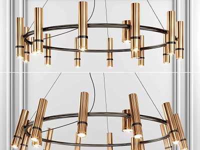 Modern Metallic Chandelier With Circular Frame And Illuminated Golden Copper Cylindrical Light Columns 3d model