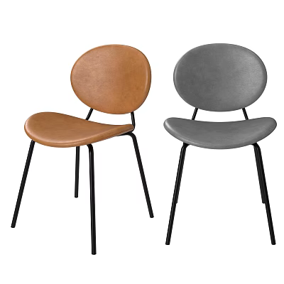 Modern Brown and Gray Leather Dining Chairs With Round Back and Black Metal Legs 3d model