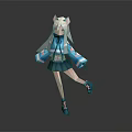Anime Game Character With White Long Hair Cat Ears Teal Hoodie And Short Skirt
