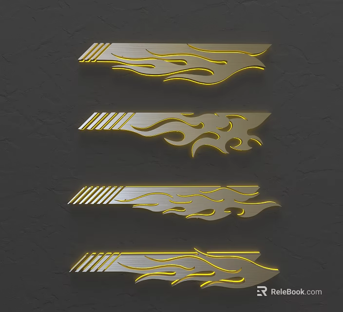 Four Metal Wall Decor with Golden Flame Patterns on Dark Background Wall 3d model