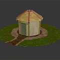 Cartoon Scene Featuring Round Hut With Thatched Roof Green Door Grassy Area And Dirt Path
