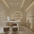 Minimalist Beige Beauty and Hair Salon Interior with Reception Desk Pendant Lights Sofa and Plants